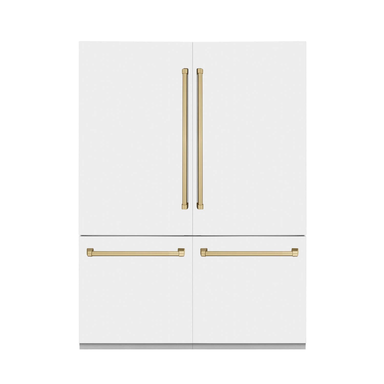 ZLINE Autograph Edition 60 in. 32.2 cu. ft. Built-in 4-Door French Door Refrigerator with Internal Water and Ice Dispenser in White Matte with Champagne Bronze Accents (RBIVZ-WM-60-CB) front, closed.