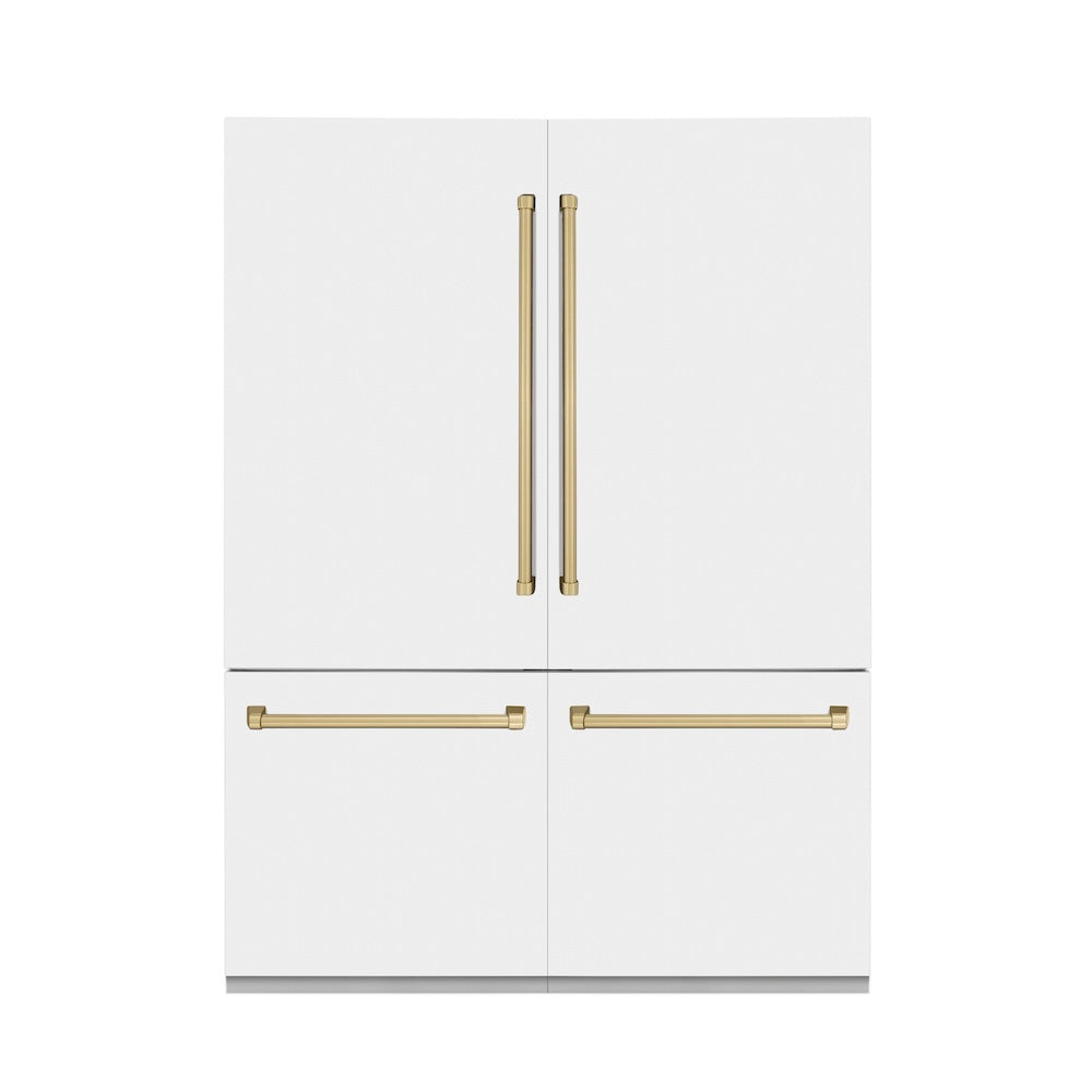 ZLINE Autograph Edition 60 in. 32.2 cu. ft. French Door Built-In Bottom Freezer Refrigerator with Water Dispenser and Ice Maker in White Matte with Champagne Bronze Accents (RBIVZ-WM-60-CB) front, closed.