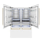 ZLINE Autograph Edition 60 in. 32.2 cu. ft. French Door Built-In Bottom Freezer Refrigerator with Water Dispenser and Ice Maker in White Matte with Champagne Bronze Accents (RBIVZ-WM-60-CB) front, refrigeration compartment and bottom freezer open with lights on.