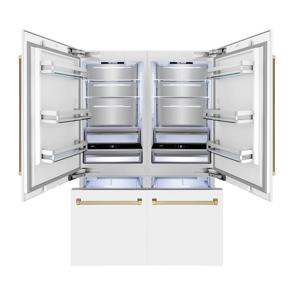 ZLINE Autograph Edition 60 in. 32.2 cu. ft. French Door Built-In Bottom Freezer Refrigerator with Water Dispenser and Ice Maker in White Matte with Champagne Bronze Accents (RBIVZ-WM-60-CB) front, refrigeration compartment and bottom freezer open with lights on.