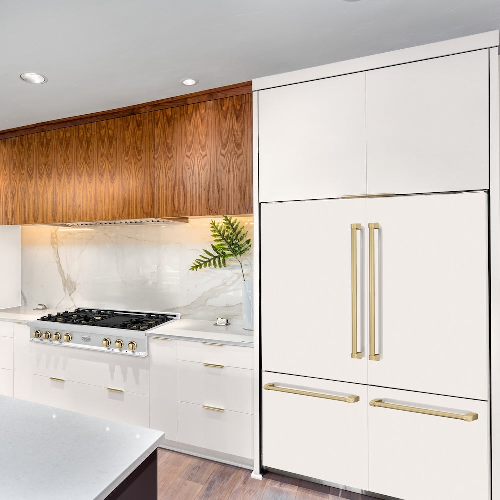 ZLINE Autograph Edition 60 in. 32.2 cu. ft. French Door Built-In Bottom Freezer Refrigerator with Water Dispenser and Ice Maker in White Matte with Champagne Bronze Accents (RBIVZ-WM-60-CB) in a luxury kitchen.