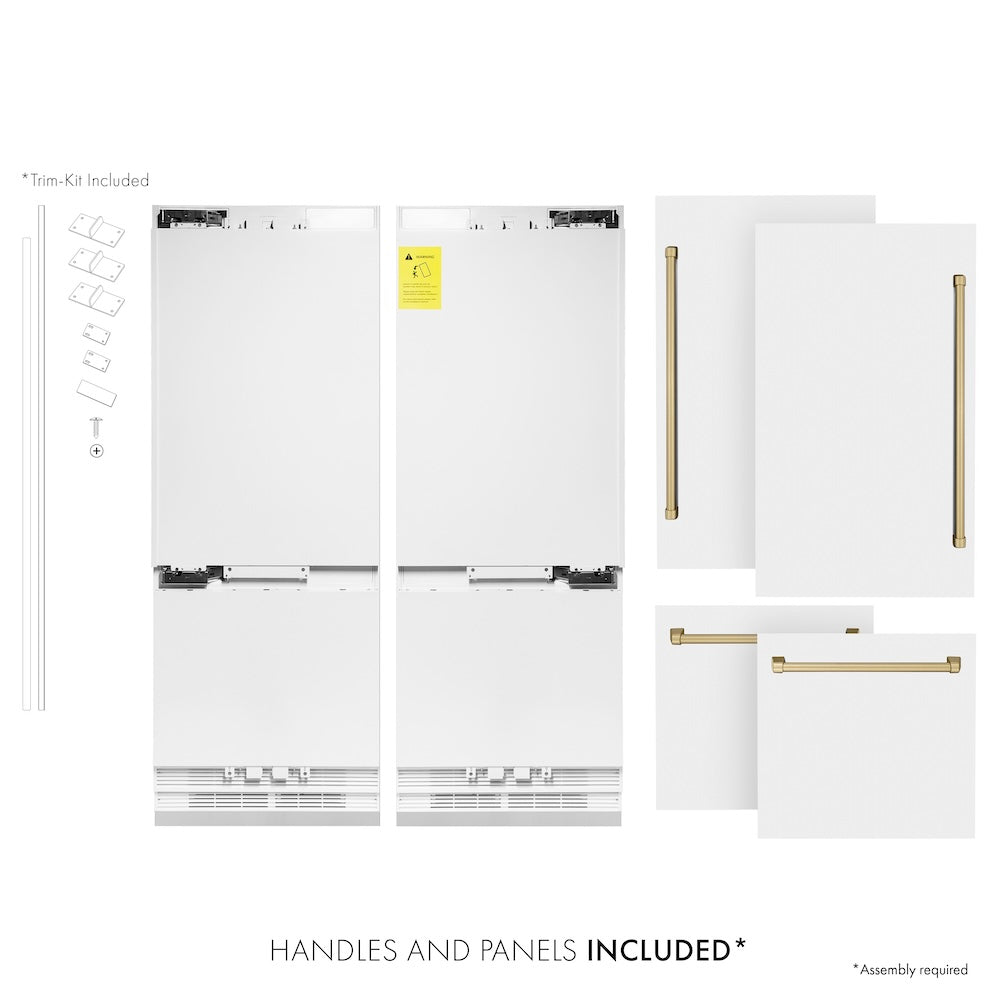 ZLINE Autograph Edition 60 in. 32.2 cu. ft. French Door Built-In Bottom Freezer Refrigerator with Water Dispenser and Ice Maker in White Matte with Champagne Bronze Accents (RBIVZ-WM-60-CB) front, refrigeration unit next to panels and handles. Text: Handles and panels included.