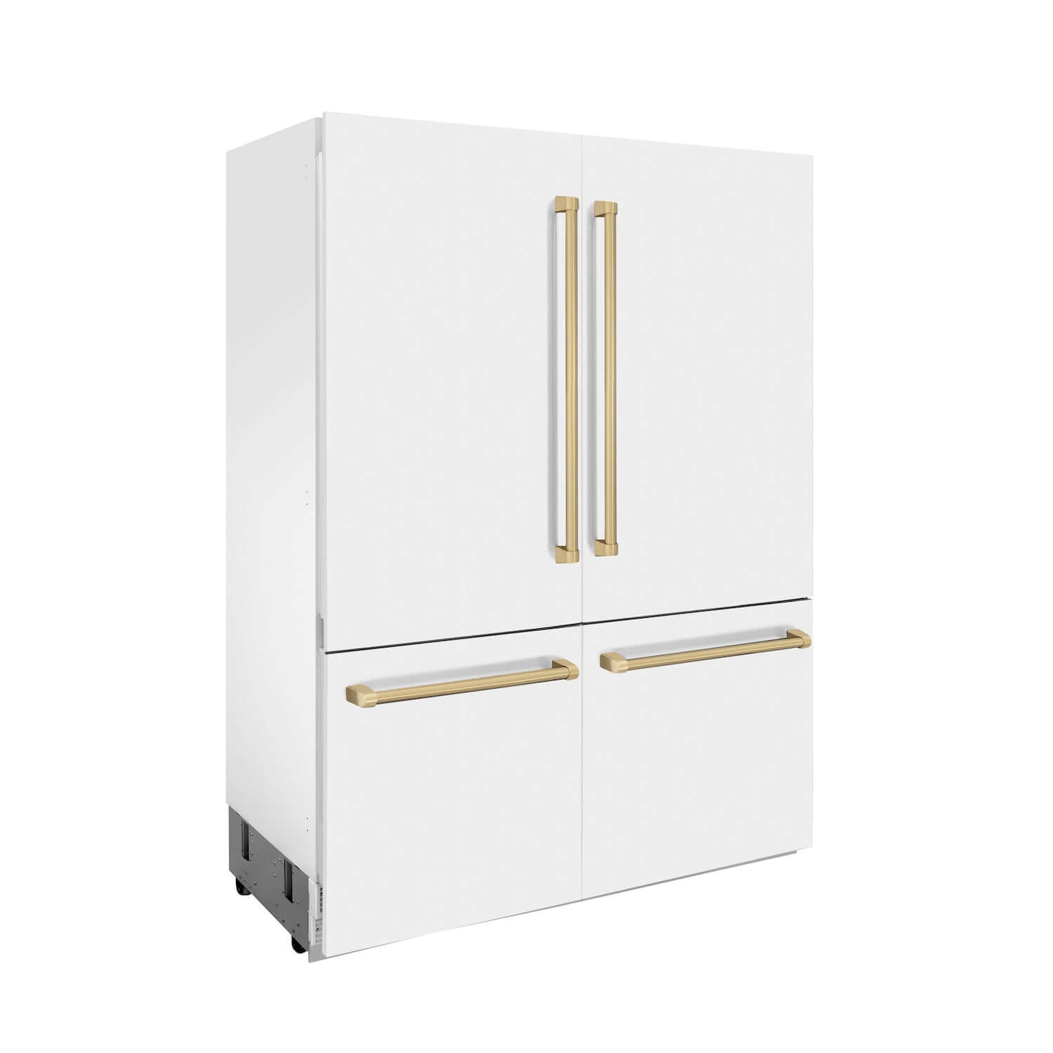 ZLINE Autograph Edition 60 in. 32.2 cu. ft. Built-in 4-Door French Door Refrigerator with Internal Water and Ice Dispenser in White Matte with Champagne Bronze Accents (RBIVZ-WM-60-CB) side.