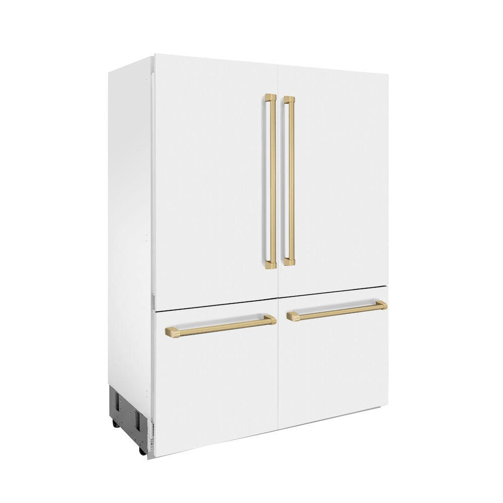 ZLINE Autograph Edition 60 in. 32.2 cu. ft. French Door Built-In Bottom Freezer Refrigerator with Water Dispenser and Ice Maker in White Matte with Champagne Bronze Accents (RBIVZ-WM-60-CB) side, closed.