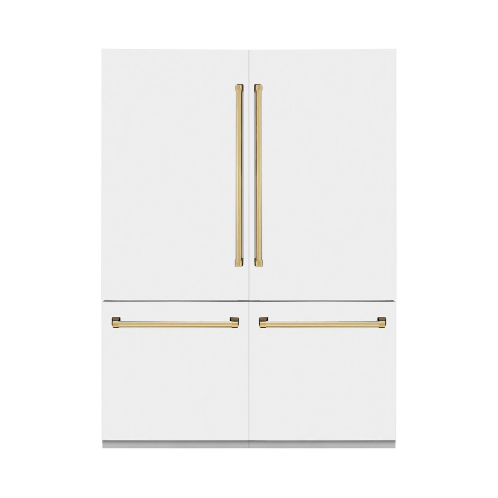 ZLINE Autograph Edition 60 in. 32.2 cu. ft. Built-in 4-Door French Door Refrigerator with Internal Water and Ice Dispenser in White Matte with Polished Gold Accents (RBIVZ-WM-60-G) front, closed.