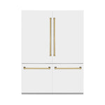 ZLINE Autograph Edition 60 in. 32.2 cu. ft. French Door Built-In Bottom Freezer Refrigerator with Water Dispenser and Ice Maker in White Matte with Polished Gold Accents (RBIVZ-WM-60-G) front, closed.