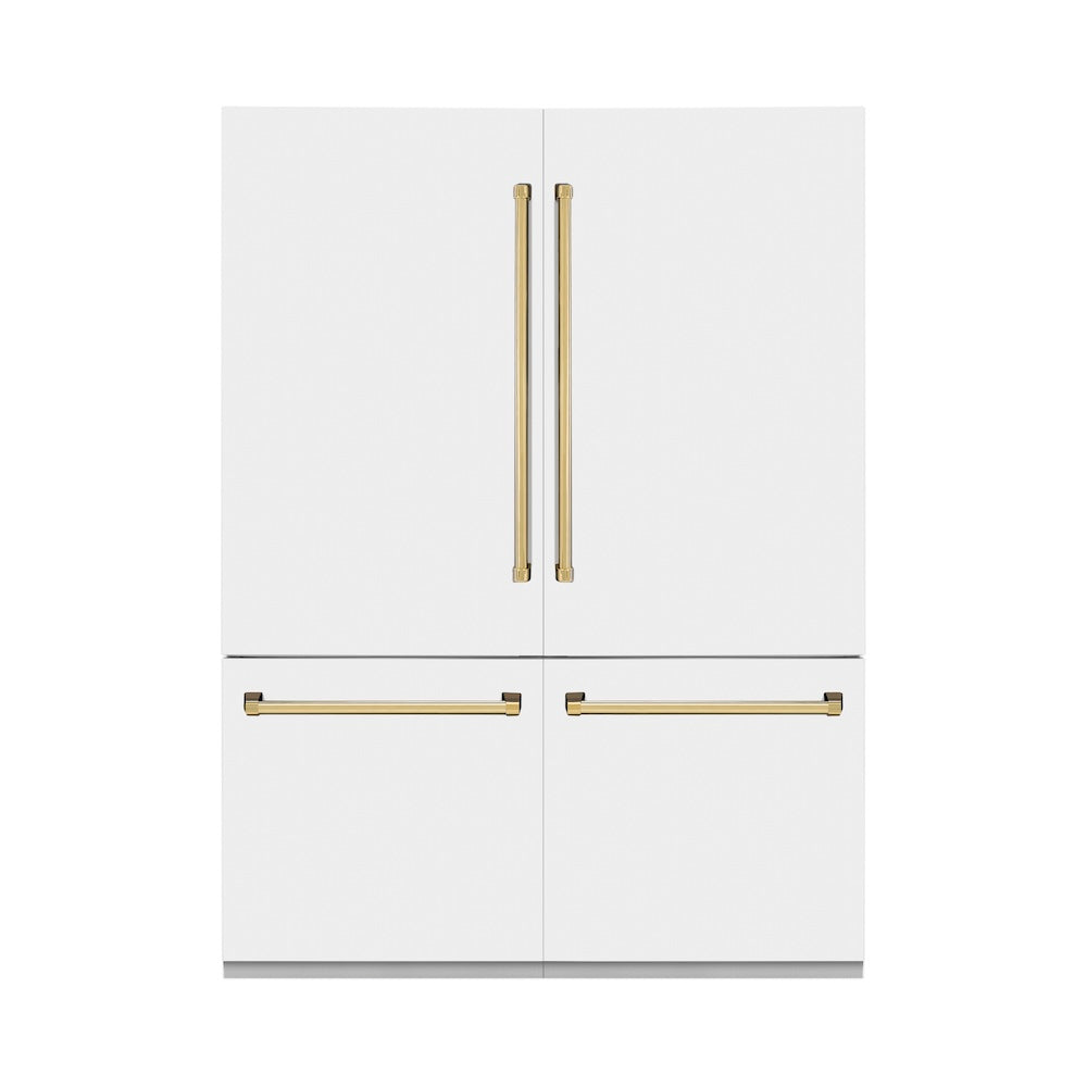 ZLINE Autograph Edition 60 in. 32.2 cu. ft. French Door Built-In Bottom Freezer Refrigerator with Water Dispenser and Ice Maker in White Matte with Polished Gold Accents (RBIVZ-WM-60-G) front, closed.