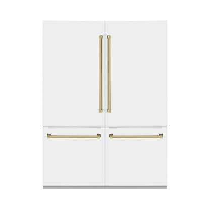 ZLINE Autograph Edition 60 in. 32.2 cu. ft. French Door Built-In Bottom Freezer Refrigerator with Water Dispenser and Ice Maker in White Matte with Polished Gold Accents (RBIVZ-WM-60-G) front, closed.