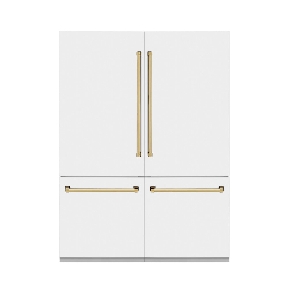 ZLINE Autograph Edition 60 in. 32.2 cu. ft. Built-in 4-Door French Door Refrigerator with Internal Water and Ice Dispenser in White Matte with Polished Gold Accents (RBIVZ-WM-60-G) front, closed.