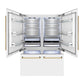ZLINE Autograph Edition 60 in. 32.2 cu. ft. French Door Built-In Bottom Freezer Refrigerator with Water Dispenser and Ice Maker in White Matte with Polished Gold Accents (RBIVZ-WM-60-G) front, refrigeration compartment and bottom freezer open with lights on.