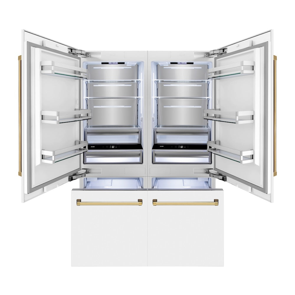 ZLINE Autograph Edition 60 in. 32.2 cu. ft. French Door Built-In Bottom Freezer Refrigerator with Water Dispenser and Ice Maker in White Matte with Polished Gold Accents (RBIVZ-WM-60-G) front, refrigeration compartment and bottom freezer open with lights on.