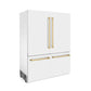 ZLINE Autograph Edition 60 in. 32.2 cu. ft. French Door Built-In Bottom Freezer Refrigerator with Water Dispenser and Ice Maker in White Matte with Polished Gold Accents (RBIVZ-WM-60-G) side, closed.