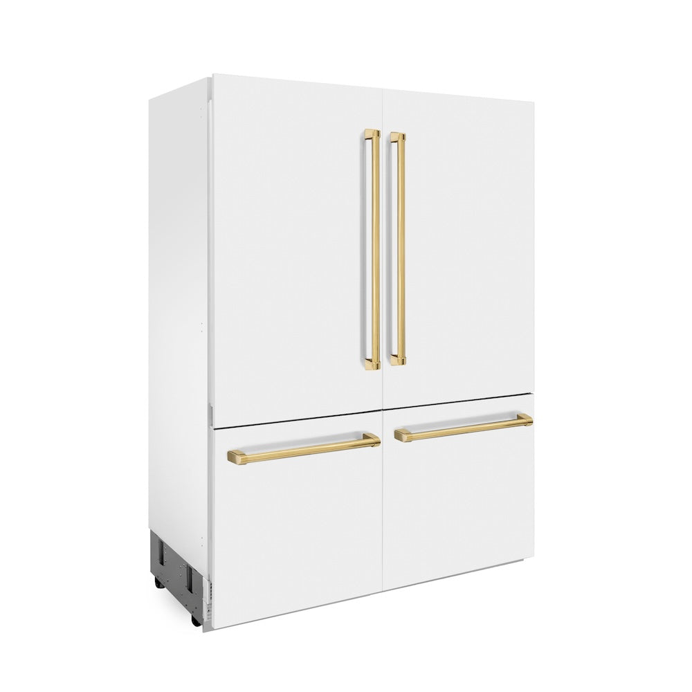 ZLINE Autograph Edition 60 in. 32.2 cu. ft. French Door Built-In Bottom Freezer Refrigerator with Water Dispenser and Ice Maker in White Matte with Polished Gold Accents (RBIVZ-WM-60-G) side, closed.