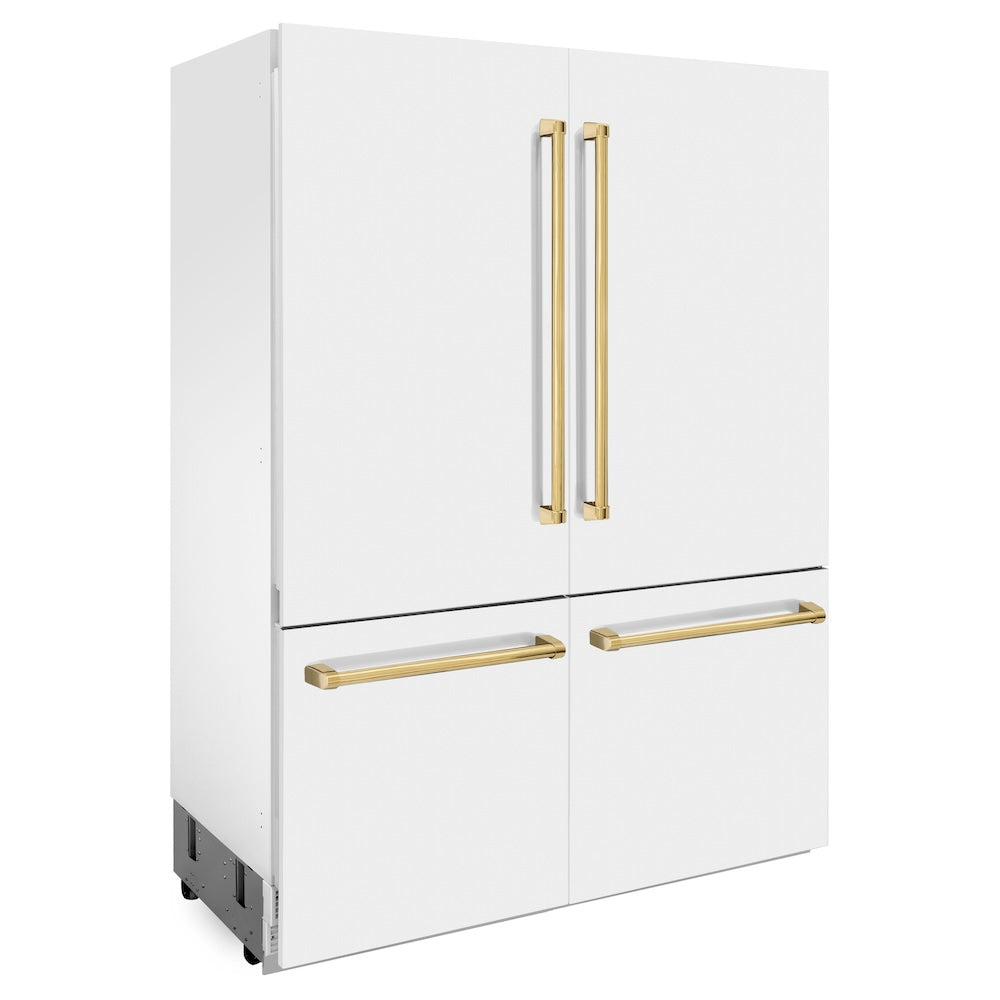 ZLINE Autograph Edition 60 in. 32.2 cu. ft. Built-in 4-Door French Door Refrigerator with Internal Water and Ice Dispenser in White Matte with Polished Gold Accents (RBIVZ-WM-60-G) side, closed.