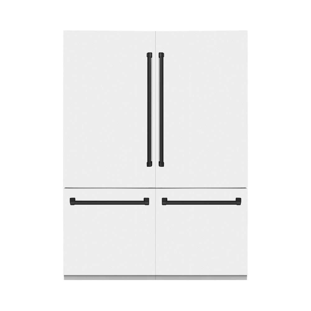 ZLINE Autograph Edition 60 in. 32.2 cu. ft. French Door Built-In Bottom Freezer Refrigerator with Water Dispenser and Ice Maker in White Matte with Matte Black Accents (RBIVZ-WM-60-MB) front, closed.