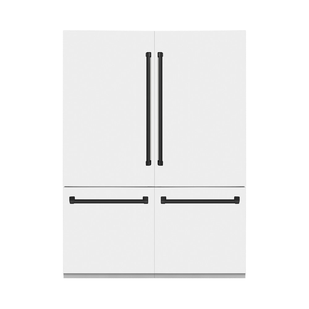 ZLINE Autograph Edition 60 in. 32.2 cu. ft. Built-in 4-Door French Door Refrigerator with Internal Water and Ice Dispenser in White Matte with Matte Black Accents (RBIVZ-WM-60-MB) front, closed.