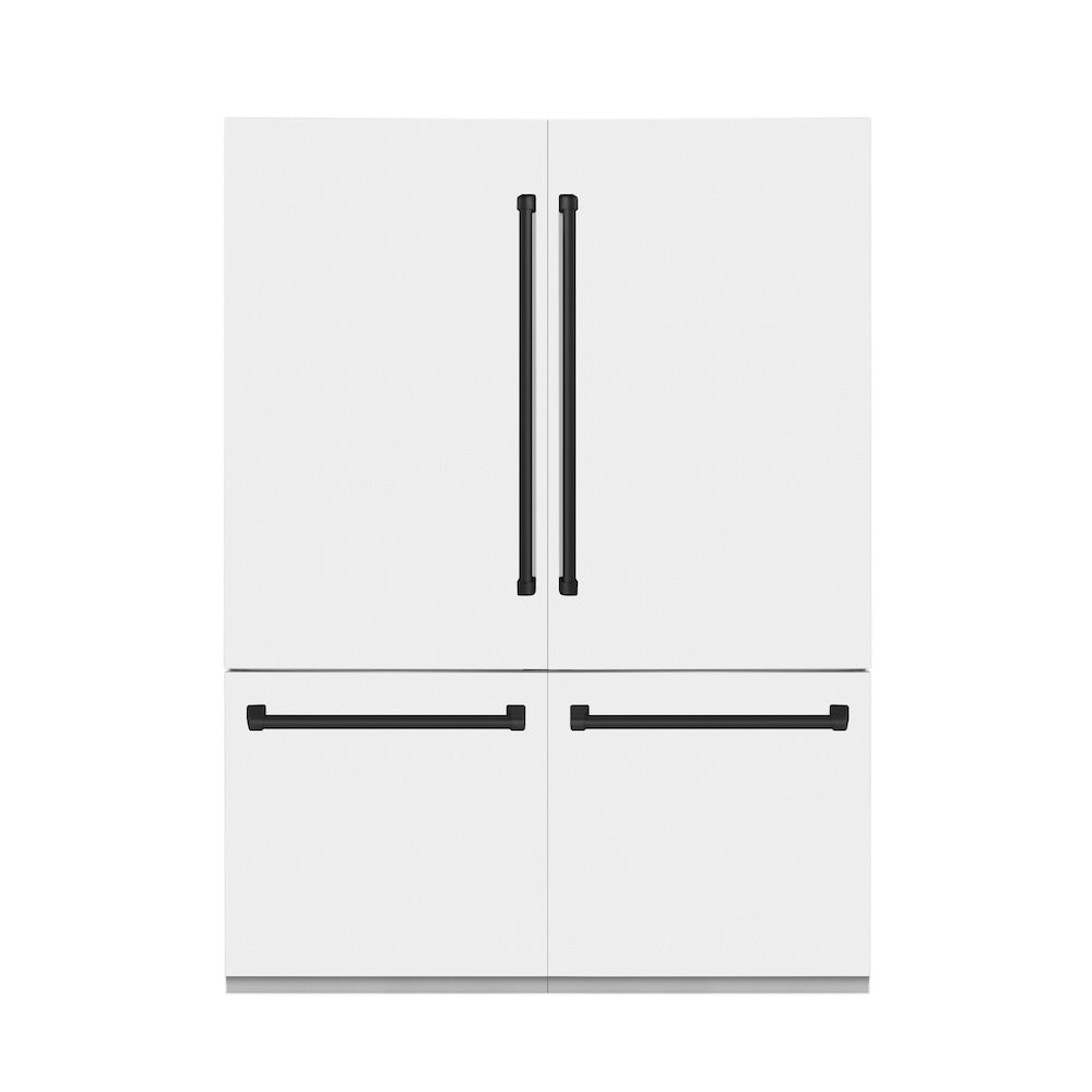 ZLINE Autograph Edition 60 in. 32.2 cu. ft. French Door Built-In Bottom Freezer Refrigerator with Water Dispenser and Ice Maker in White Matte with Matte Black Accents (RBIVZ-WM-60-MB) front, closed.