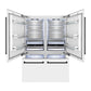 ZLINE Autograph Edition 60 in. 32.2 cu. ft. French Door Built-In Bottom Freezer Refrigerator with Water Dispenser and Ice Maker in White Matte with Matte Black Accents (RBIVZ-WM-60-MB) front, refrigeration compartment and bottom freezer open with lights on.