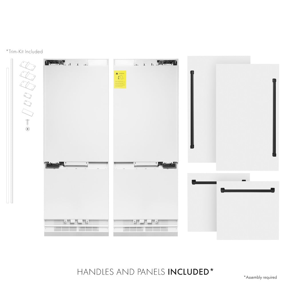ZLINE Autograph Edition 60 in. 32.2 cu. ft. French Door Built-In Bottom Freezer Refrigerator with Water Dispenser and Ice Maker in White Matte with Matte Black Accents (RBIVZ-WM-60-MB) front, refrigeration unit next to panels and handles. Text: Handles and panels included.