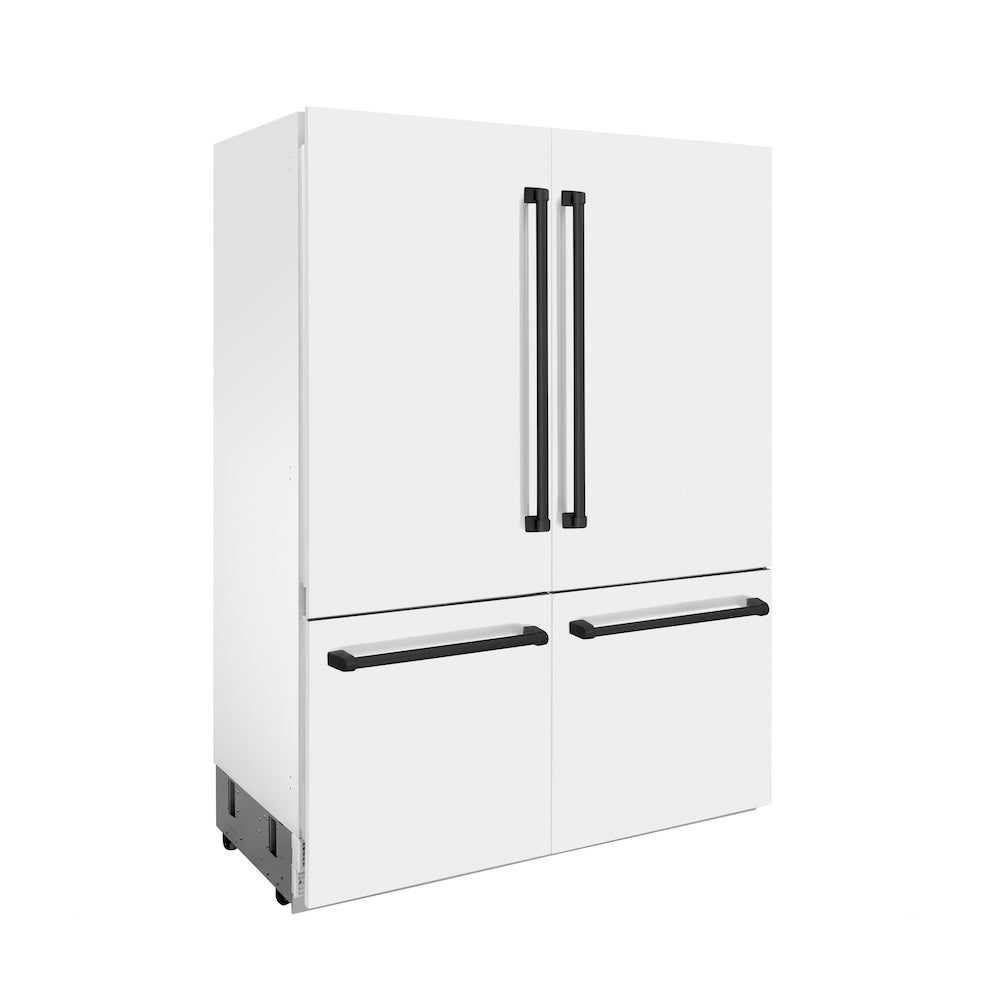 ZLINE Autograph Edition 60 in. 32.2 cu. ft. French Door Built-In Bottom Freezer Refrigerator with Water Dispenser and Ice Maker in White Matte with Matte Black Accents (RBIVZ-WM-60-MB) side, closed.