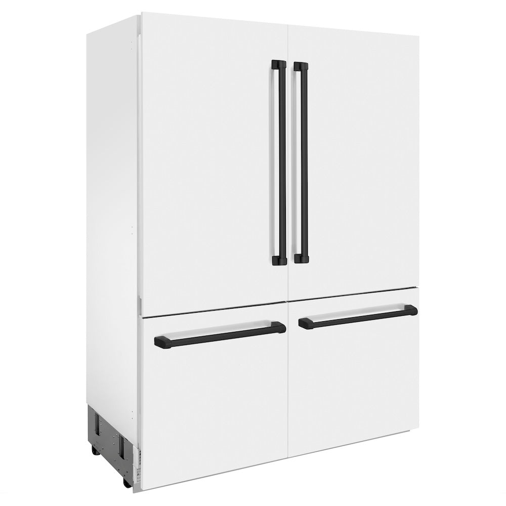 ZLINE Autograph Edition 60 in. 32.2 cu. ft. Built-in 4-Door French Door Refrigerator with Internal Water and Ice Dispenser in White Matte with Matte Black Accents (RBIVZ-WM-60-MB) side, closed.