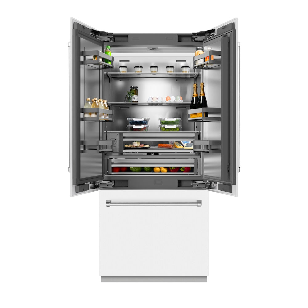 ZLINE 36 in. 19.6 cu. ft. French Door Built-In Bottom Freezer Refrigerator with Water Dispenser and Ice Maker in White Matte with Stainless Steel Interior (SRBIV-WM-36) front, refrigeration compartment open with food inside.