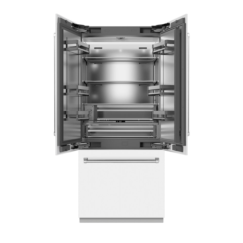 ZLINE 36 in. 19.6 cu. ft. French Door Built-In Bottom Freezer Refrigerator with Water Dispenser and Ice Maker in White Matte with Stainless Steel Interior (SRBIV-WM-36) front, refrigeration compartment open.