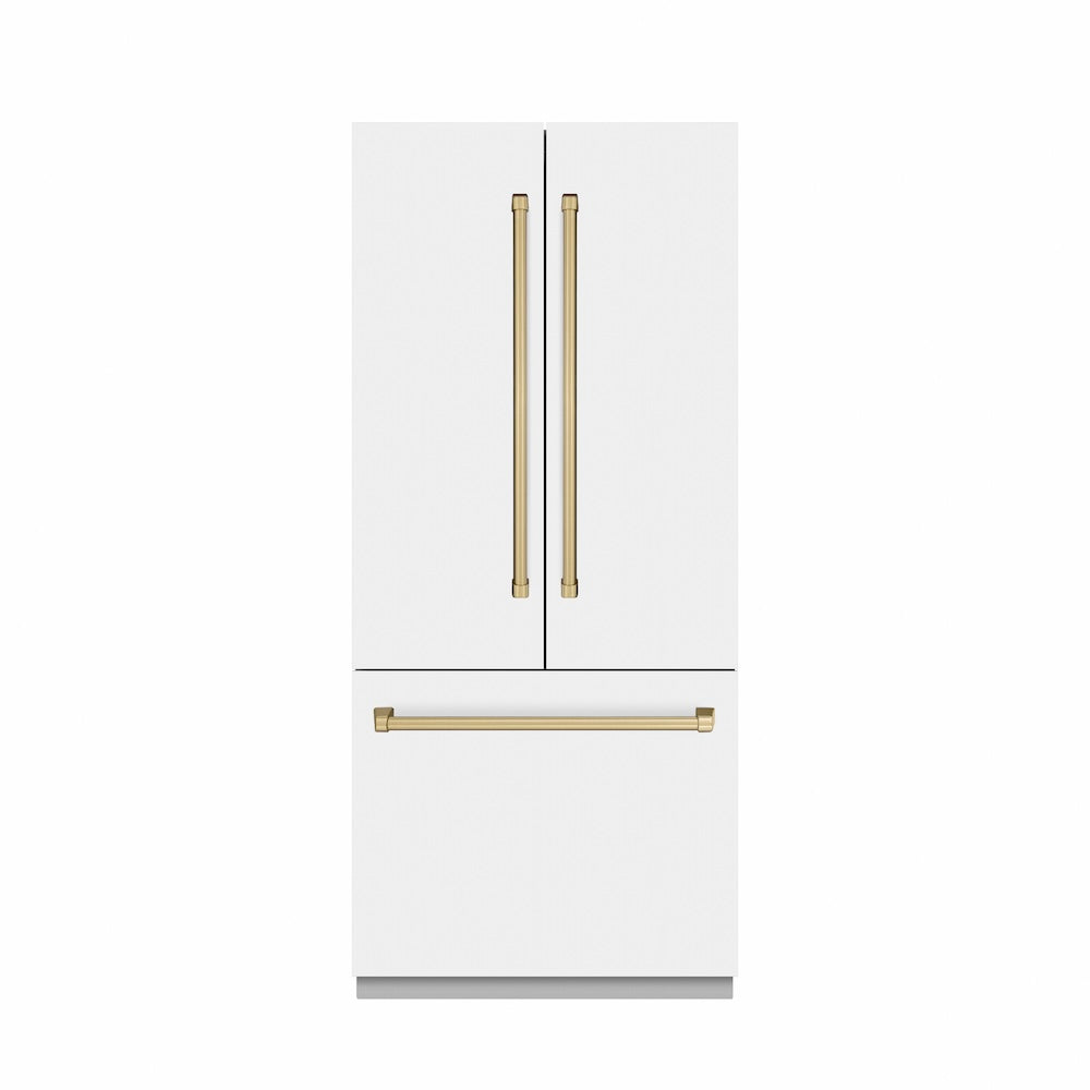 ZLINE Autograph Edition 36 in. 19.6 cu. ft. French Door Built-In Bottom Freezer Refrigerator with Water Dispenser and Ice Maker in White Matte with Stainless Steel Interior and Champagne Bronze Accents (SRBIVZ-WM-36-CB) main image.