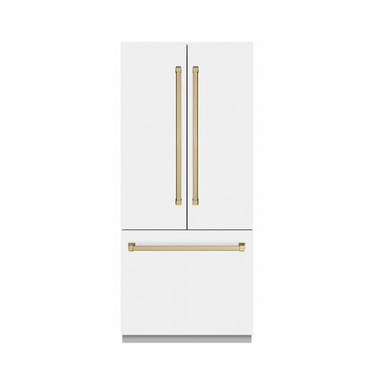 ZLINE Autograph Edition 36 in. 19.6 cu. ft. French Door Built-In Bottom Freezer Refrigerator with Water Dispenser and Ice Maker in White Matte with Stainless Steel Interior and Champagne Bronze Accents (SRBIVZ-WM-36-CB)