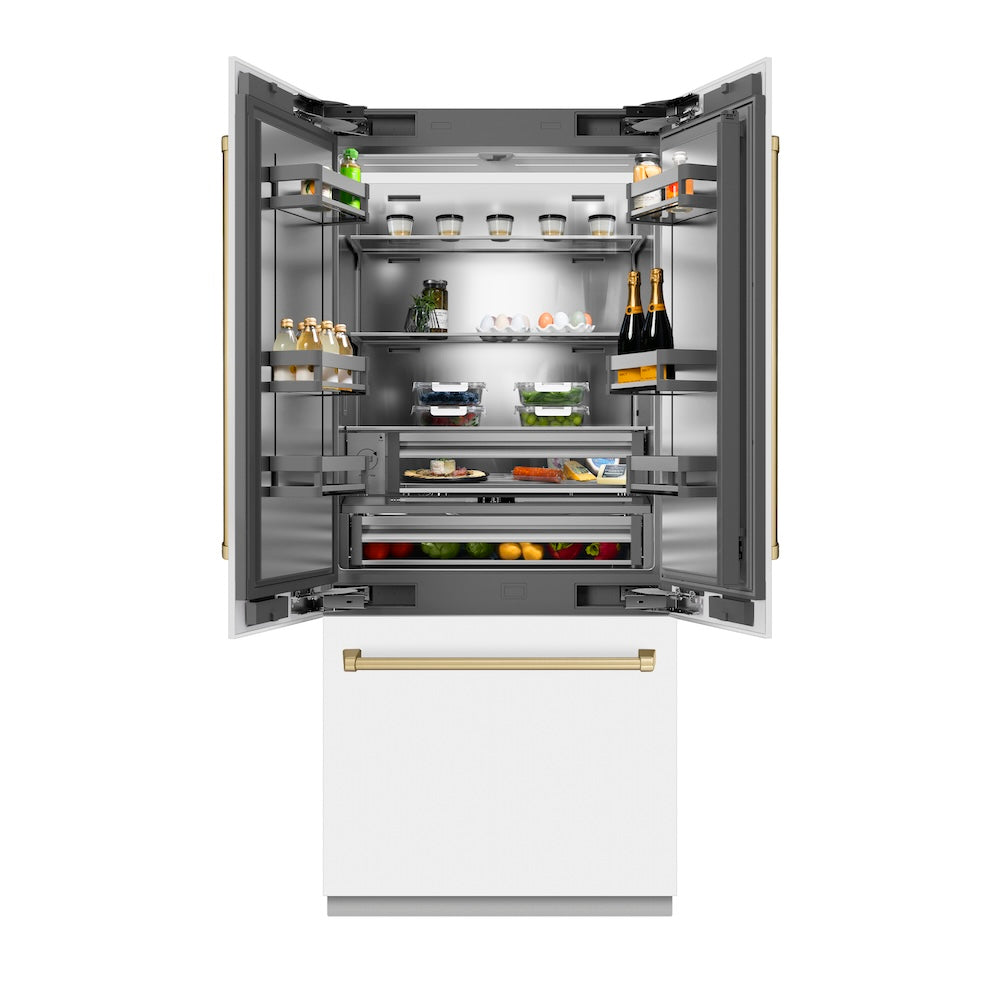 ZLINE Autograph Edition 36 in. 19.6 cu. ft. French Door Built-In Bottom Freezer Refrigerator with Water Dispenser and Ice Maker in White Matte with Stainless Steel Interior and Champagne Bronze Accents (SRBIVZ-WM-36-CB) front, refrigeration compartment open with food inside.