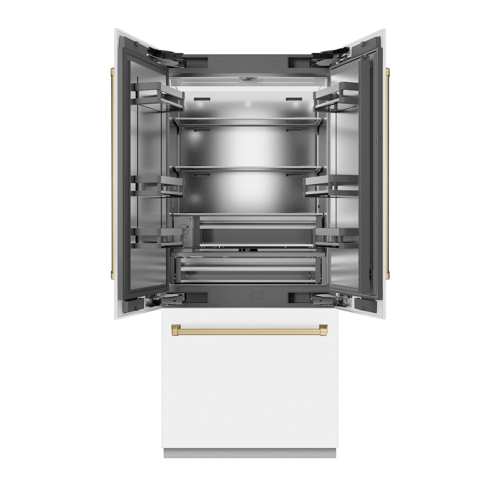 ZLINE Autograph Edition 36 in. 19.6 cu. ft. French Door Built-In Bottom Freezer Refrigerator with Water Dispenser and Ice Maker in White Matte with Stainless Steel Interior and Champagne Bronze Accents (SRBIVZ-WM-36-CB) front, refrigeration compartment open.