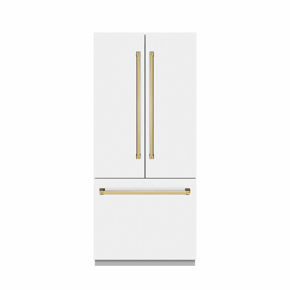 ZLINE Autograph Edition 36 in. 19.6 cu. ft. French Door Built-In Bottom Freezer Refrigerator with Water Dispenser and Ice Maker in White Matte with Stainless Steel Interior and Polished Gold Accents (SRBIVZ-WM-36-G)