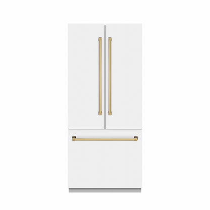 ZLINE Autograph Edition 36 in. 19.6 cu. ft. French Door Built-In Bottom Freezer Refrigerator with Water Dispenser and Ice Maker in White Matte with Stainless Steel Interior and Polished Gold Accents (SRBIVZ-WM-36-G)