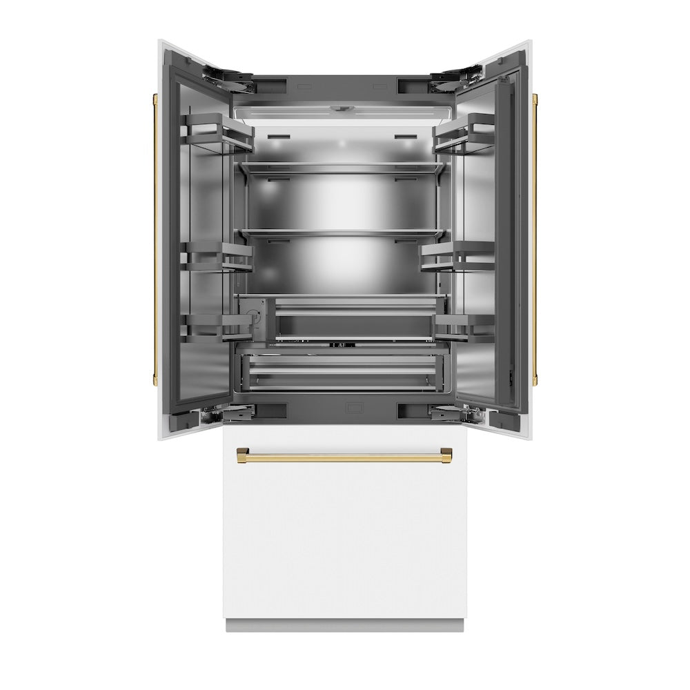 ZLINE Autograph Edition 36 in. 19.6 cu. ft. French Door Built-In Bottom Freezer Refrigerator with Water Dispenser and Ice Maker in White Matte with Stainless Steel Interior and Polished Gold Accents (SRBIVZ-WM-36-G) front, refrigeration compartment open.