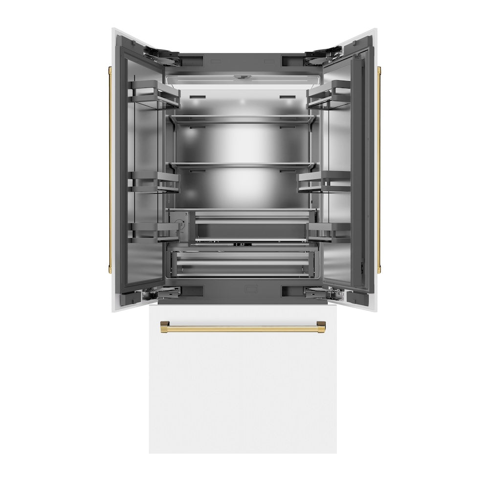 ZLINE Autograph Edition 36 in. 19.6 cu. ft. French Door Built-In Bottom Freezer Refrigerator with Water Dispenser and Ice Maker in White Matte with Stainless Steel Interior and Polished Gold Accents (SRBIVZ-WM-36-G) front, refrigeration compartment and bottom freezer drawer open.