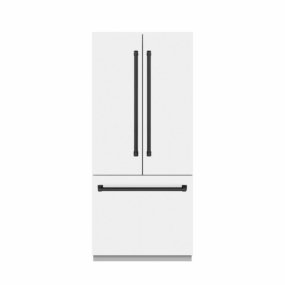 ZLINE Autograph Edition 36 in. 19.6 cu. ft. French Door Built-In Bottom Freezer Refrigerator with Water Dispenser and Ice Maker in White Matte with Stainless Steel Interior and Matte Black Accents (SRBIVZ-WM-36-MB)