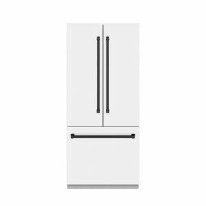 ZLINE Autograph Edition 36 in. 19.6 cu. ft. French Door Built-In Bottom Freezer Refrigerator with Water Dispenser and Ice Maker in White Matte with Stainless Steel Interior and Matte Black Accents (SRBIVZ-WM-36-MB) main image.