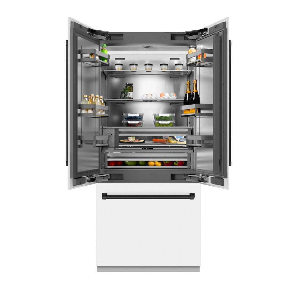 ZLINE Autograph Edition 36 in. 19.6 cu. ft. French Door Built-In Bottom Freezer Refrigerator with Water Dispenser and Ice Maker in White Matte with Stainless Steel Interior and Matte Black Accents (SRBIVZ-WM-36-MB) front, refrigeration compartment open with food inside.