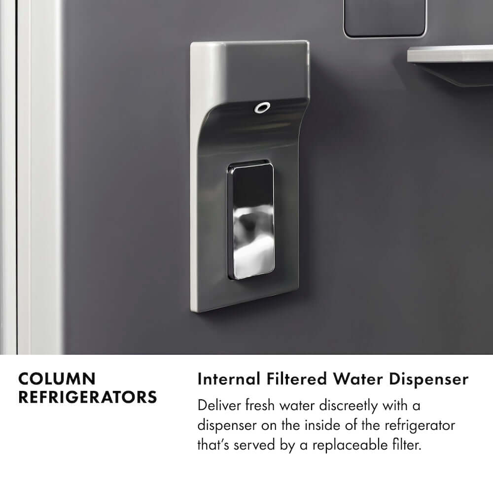 ZLINE Column Refrigerators Infographic. Internal Filtered Water Dispenser. Text: Deliver fresh water discreetly with a dispenser on the inside of the refrigerator that's served by a replaceable filter.