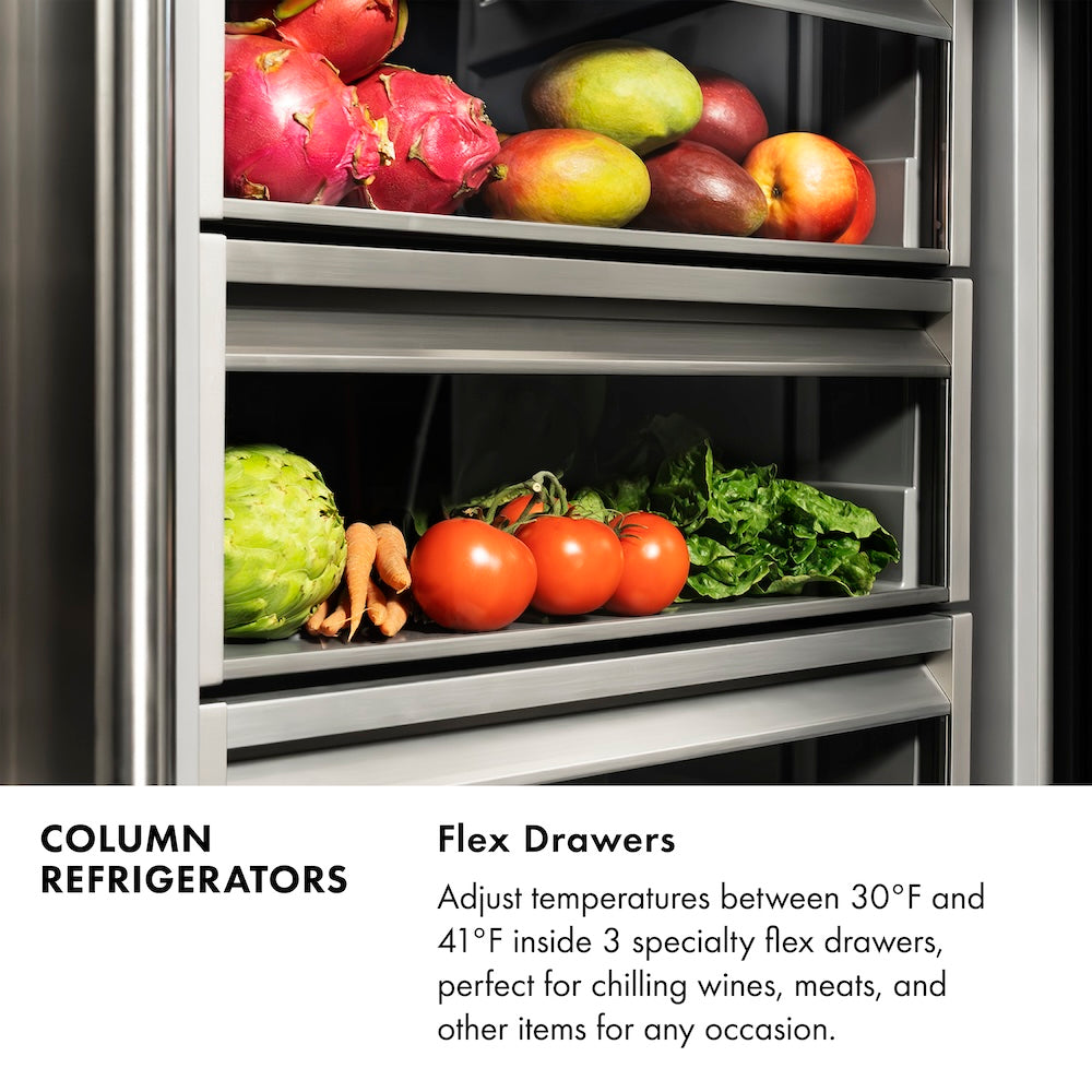 ZLINE Column Refrigerators Infographic. Flex Drawers. Text: Adjust temperatures between 30 degrees Fahrenheit and 41 degrees Fahrenheit inside 3 specialty flex drawers, perfect for chilling wines, meats, and other items for any occasion.