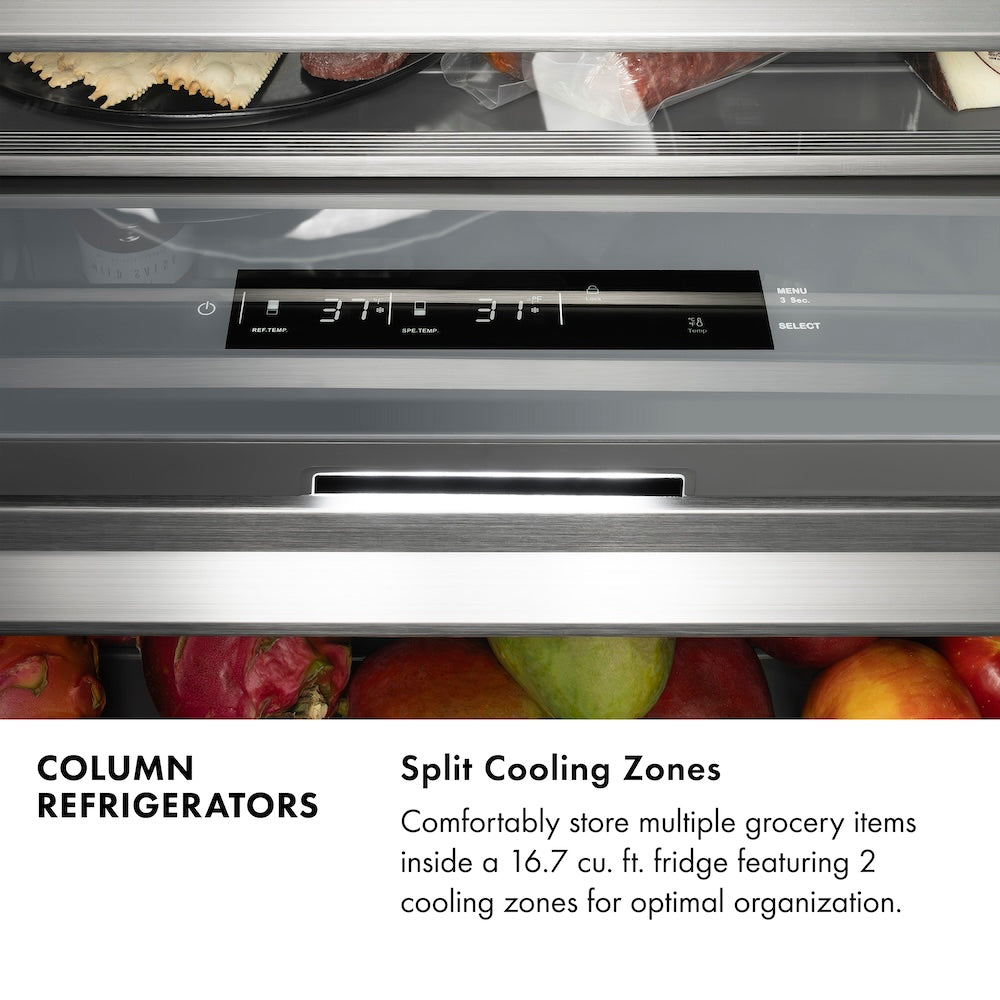 ZLINE Column Refrigerators Infographic. Split Cooling Zones. Text: Comfortably store multiple grocery items inside a high-capacity fridge featuring 2 cooling zones for optimal organization.