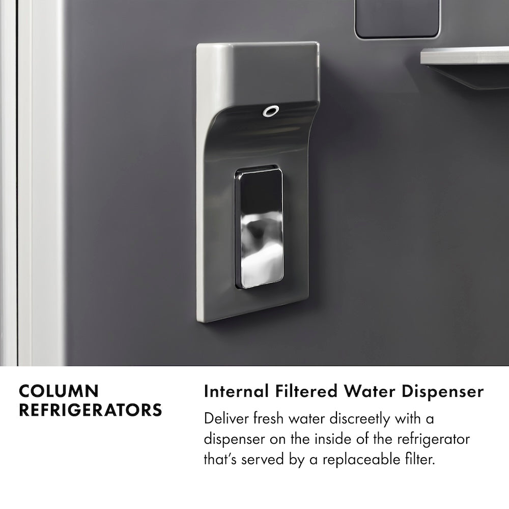 ZLINE Column Refrigerators Infographic. Internal Filtered Water Dispenser. Text: Deliver fresh water discreetly with a dispenser on the inside of the refrigerator that's served by a replaceable filter.