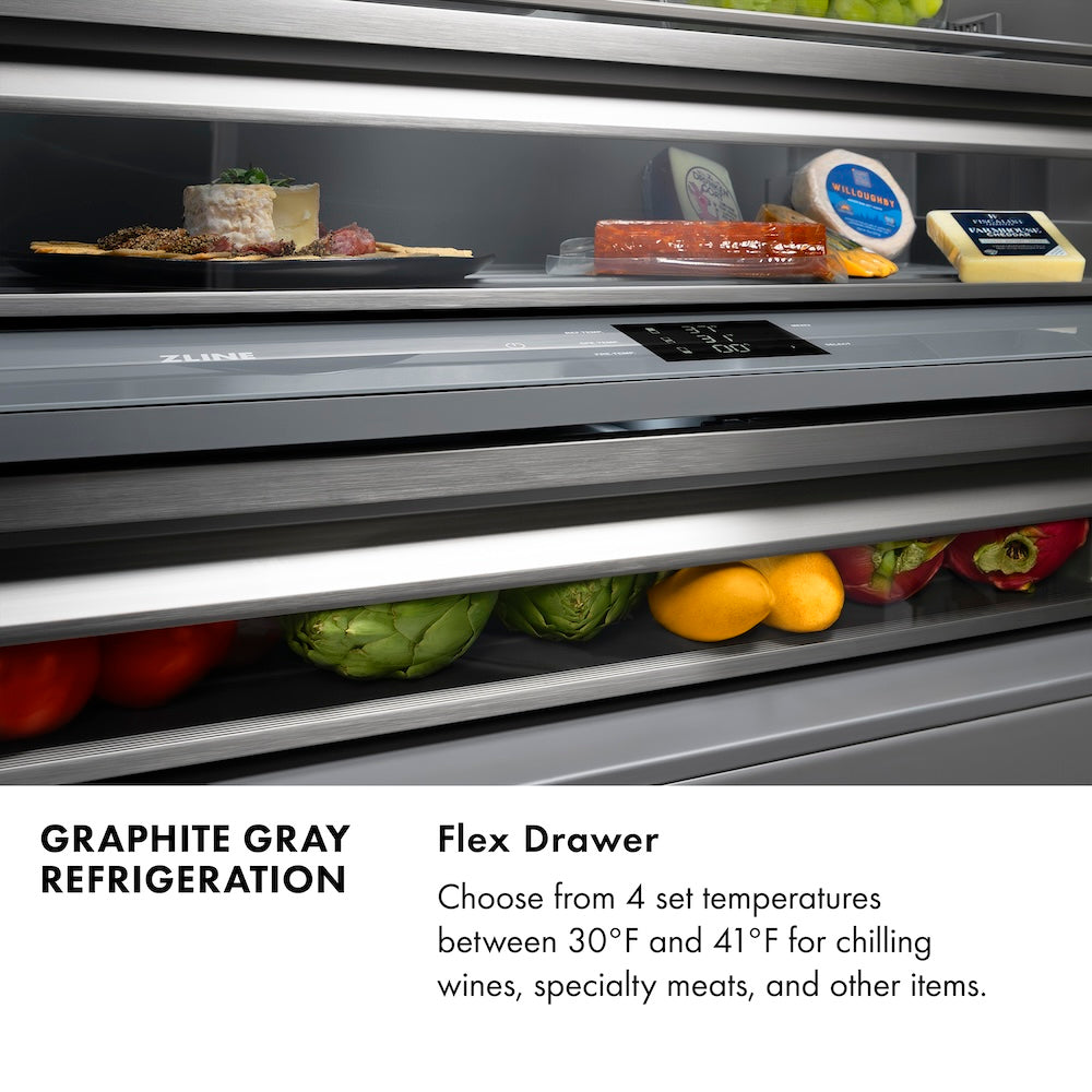 ZLINE 30 in. 16.1 cu. ft. Panel Ready Built-In Bottom Freezer Refrigerator with Water Dispenser and Ice Maker with Graphite Gray Interior (GRBIV-30) infographic. Text: Graphite Gray Refrigeration. Flex Drawer. Choose from 4 set temperatures for chilling wines, meats, and other items.