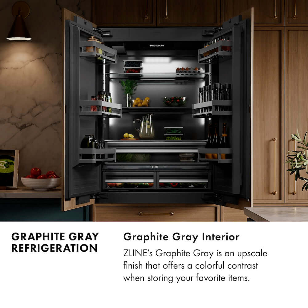 Graphite Gray Refrigeration Infographic. Graphite Gray Interior. Text: ZLINE's Graphite Gray is an upscale finish that offers a colorful contrast when storing your favorite items.
