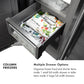 Column Freezers Infographic. Multiple Drawer Options. Text: Organize frozen food and shorter items inside 1 small full-width drawer or taller items inside 2 large full-width drawers.