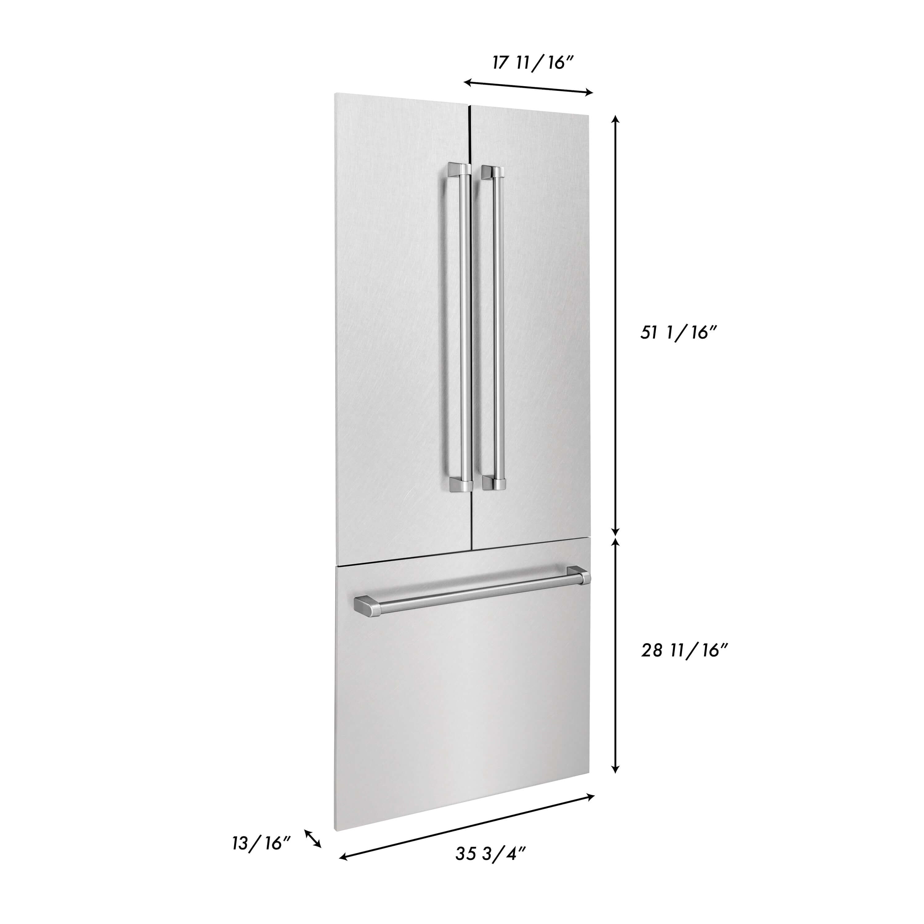 Panels & Handles Only- ZLINE 36 in. Refrigerator Panels in Fingerprint Resistant Stainless Steel for a 36 in. Built-in Refrigerator (RPBIV-SN-36) dimensional diagram with measurements.