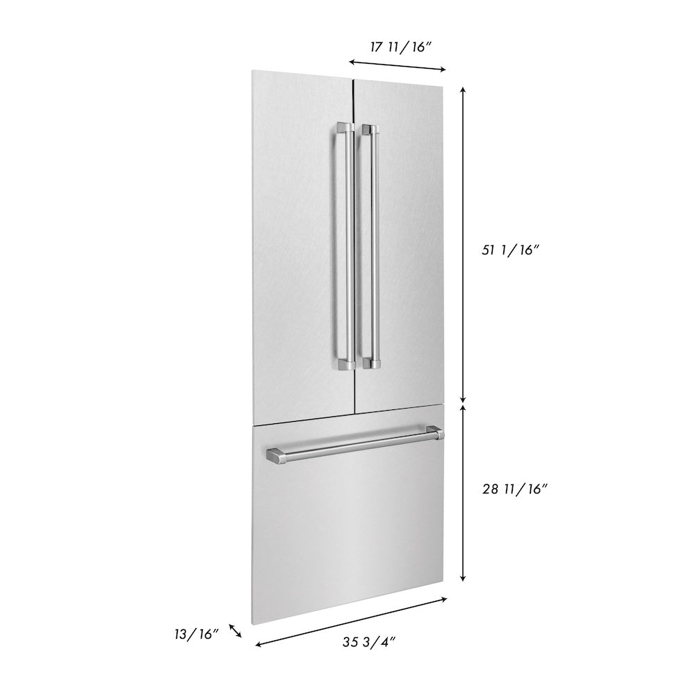 ZLINE 36 in. Refrigerator Panels in Satin Stainless Steel for a 36 in. Built-in Refrigerator (RPBIV-SN-36) dimensional diagram.