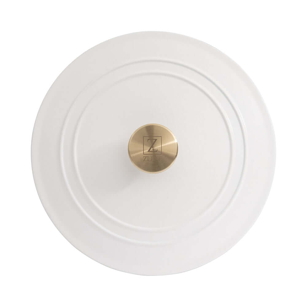 ZLINE 5-Piece Enameled Cast Iron Cookware Set in White Matte (CWSETS-WM-5) round lid with stainless steel gold-finished knob featuring ZLINE logo
