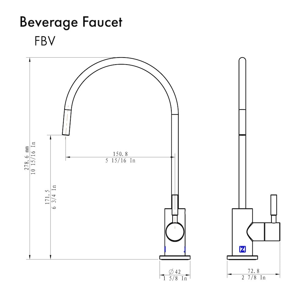 ZLINE Drink Faucet with Color Options (FBV) dimensional diagram.