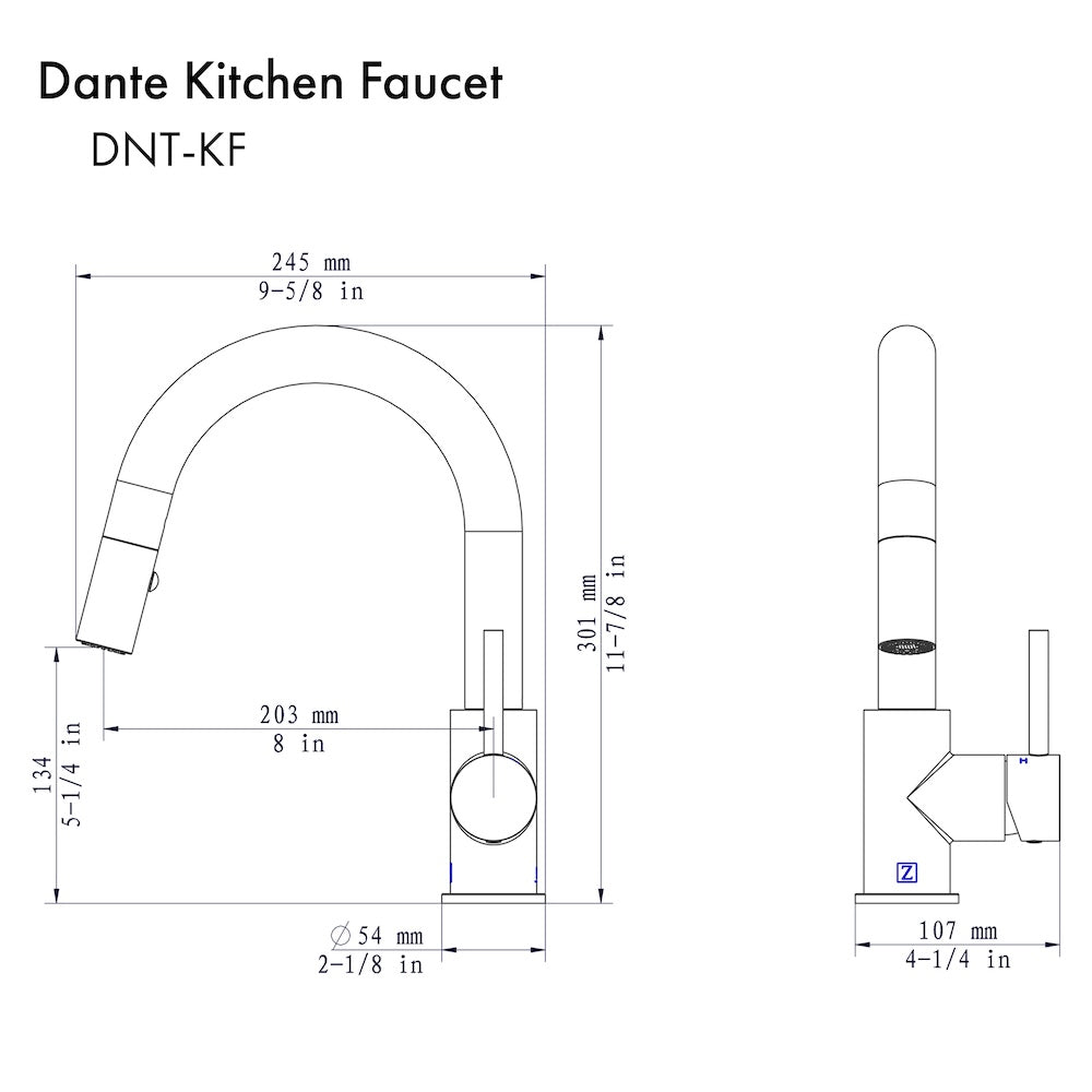 ZLINE Dante Kitchen Faucet (DNT-KF) dimensional diagram.